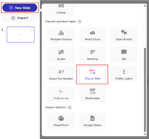 Adding a new This or That slide in the editor page of Slidea