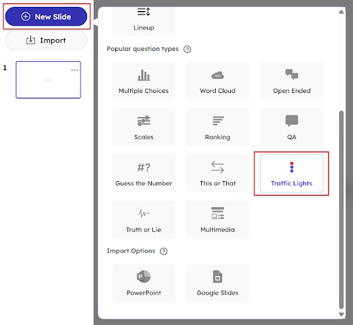 Adding a new traffic lights slide in the editor page of Slidea

