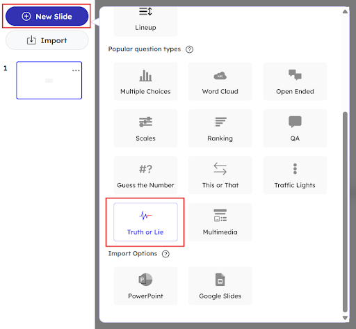 Adding a new truth or lie slide in the editor page of Slidea