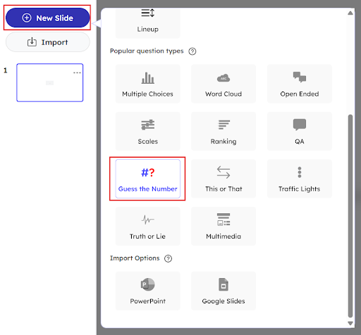 Adding a new Guess the number slide in the editor page of Slidea
