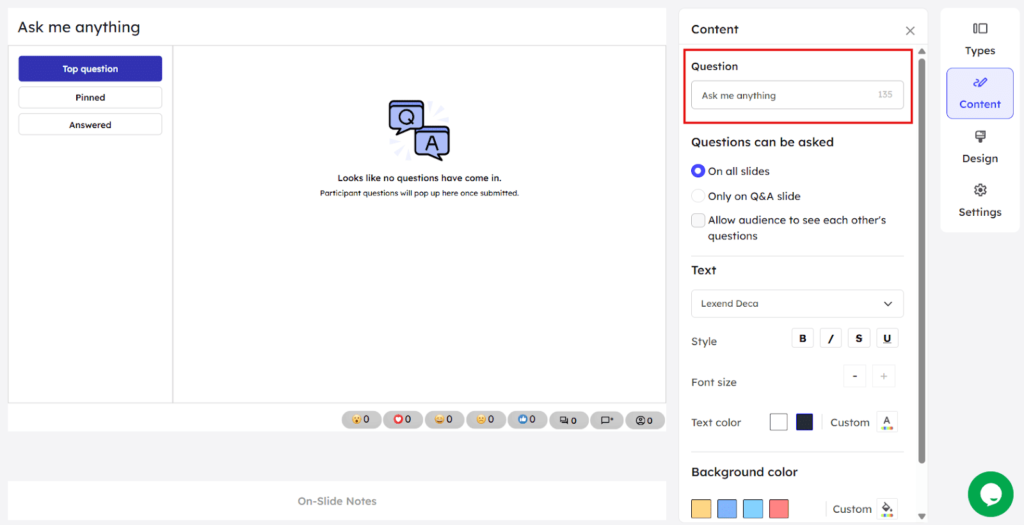 Adding a question in the placeholder in the editor page of Slidea