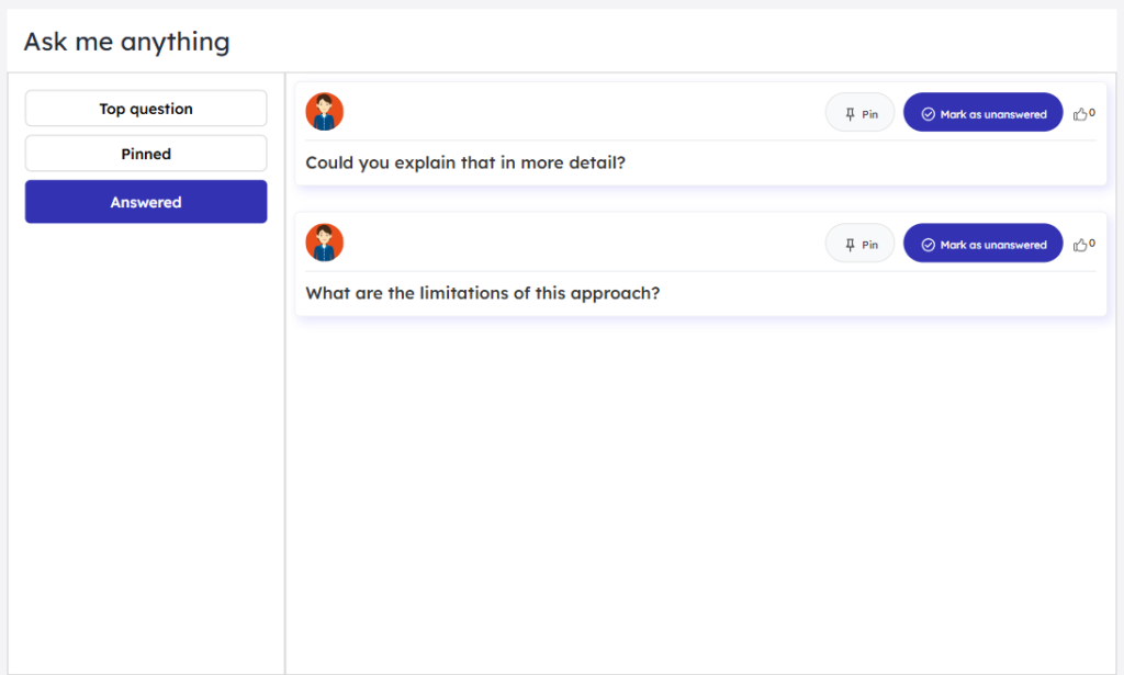 List of all answered questions in the QA slide