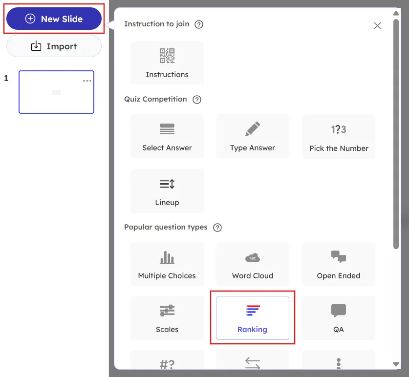 Adding a new Ranking slide in the editor page of Slidea