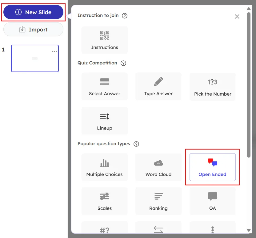 Adding a new open ended slide in the editor page of Slidea