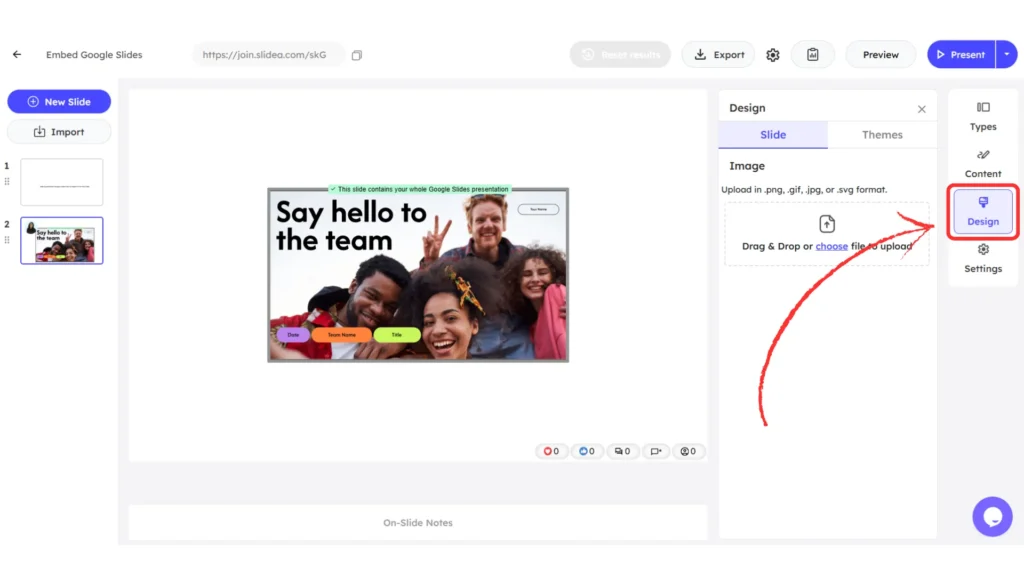 Design menu in embed Google Slides