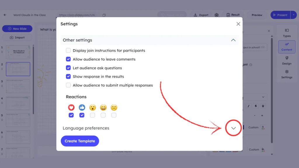 Language Preferences drop-down
