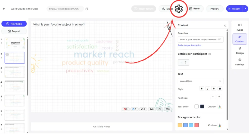 Settings icons to add profainity filter
