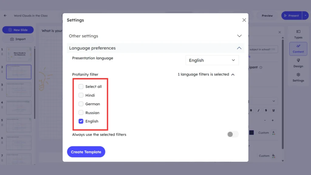 choosing languages to filter