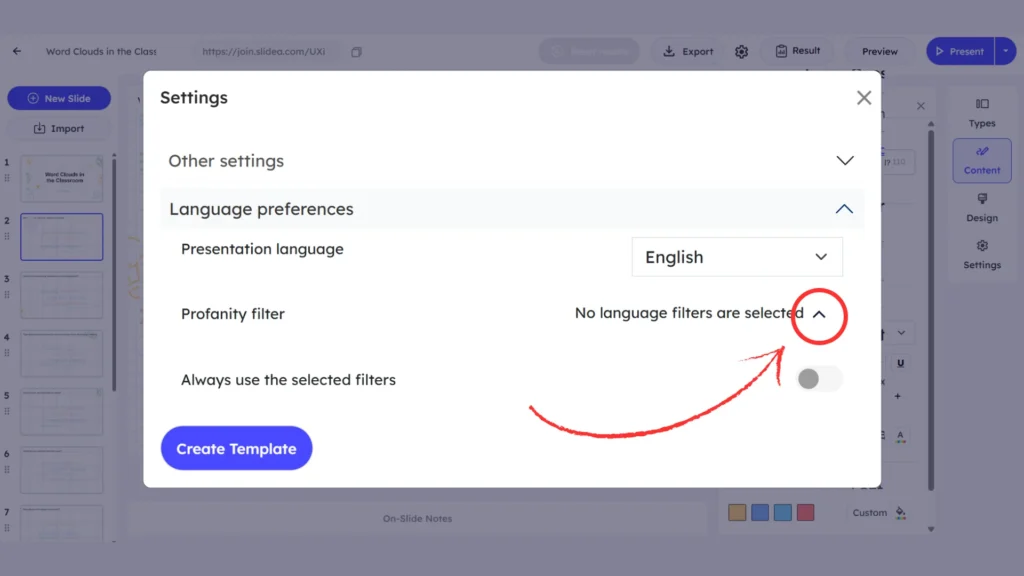 select language options to filter