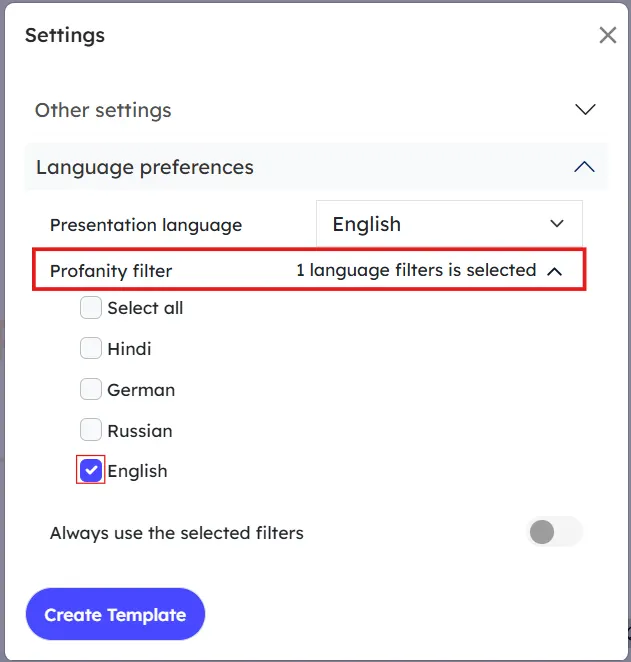 setting the profanity filter for open ended slide