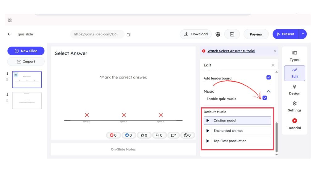 Slidea quiz editor showing music settings with the option to enable quiz sound and select tracks.