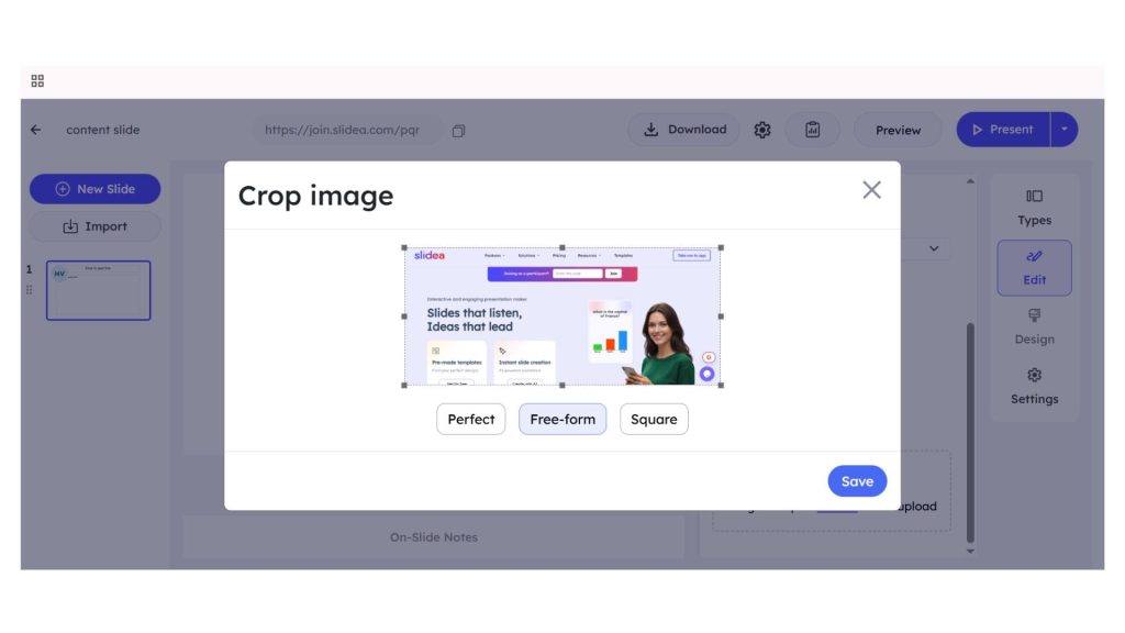 Slidea crop image window with resize frame and options for perfect, free-form, or square crop.