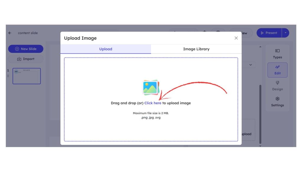 Slidea upload image window showing drag and drop or click option to add images to a slide.