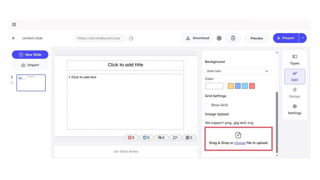 Slidea content slide editor with title and text fields, background settings, and image upload.