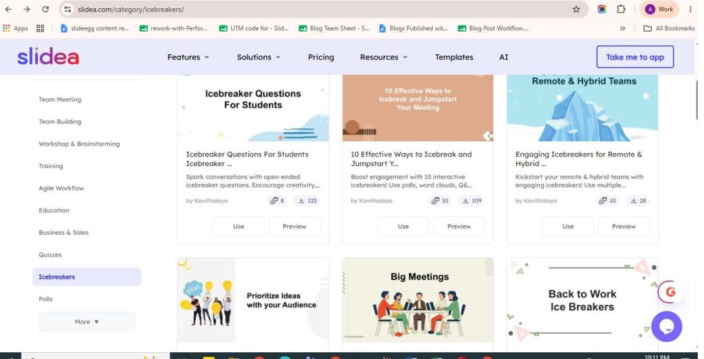 Slidea templates page showing category sidebar and template
