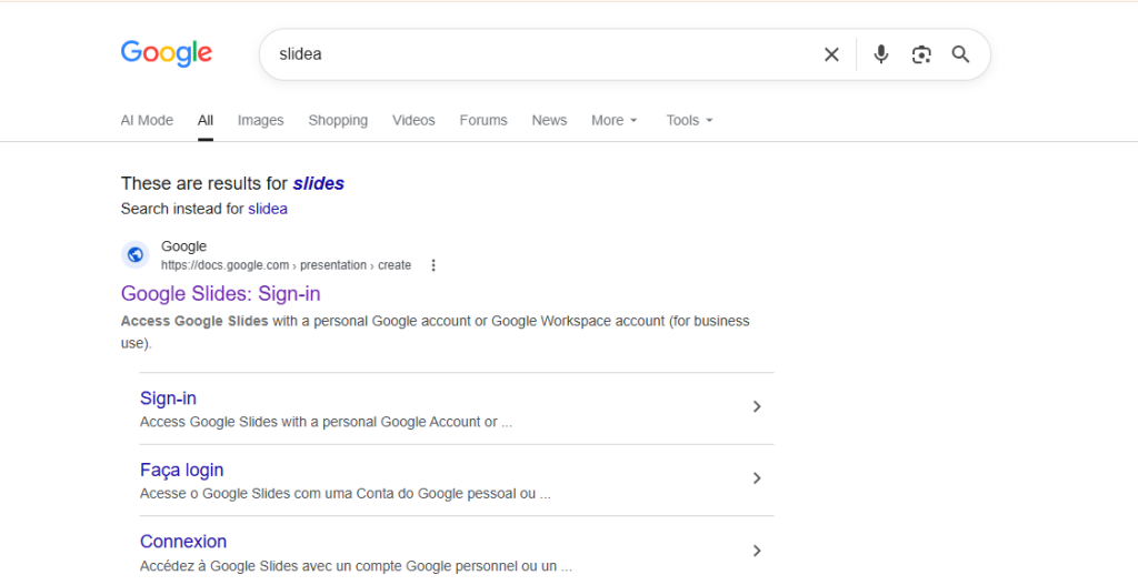 Google search results showing "slidea" corrected to "slides"