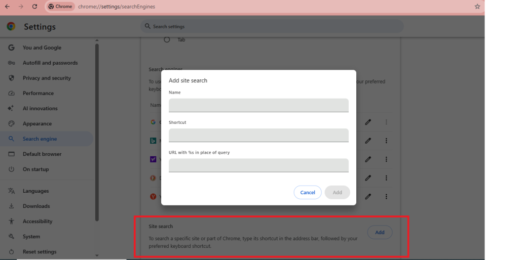 Add Site Search dialog in Chrome settings showing Name, Shortcut, and URL fields.
