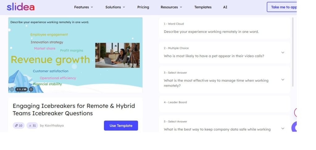 Template preview page showing slide list and Use Template button
