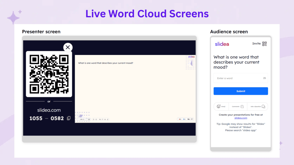 Slidea presenter and audience screens showing QR join, live question, word entry, and submission