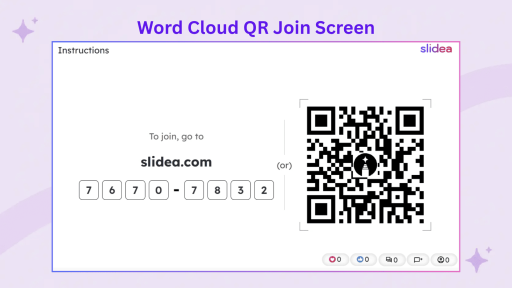 Slidea word cloud join screen showing session code and QR code for audience participation
