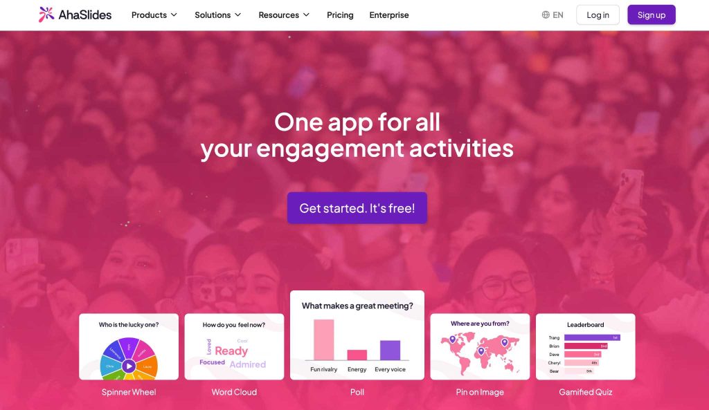 AhaSlides homepage showing polls, word clouds, quizzes, and audience engagement tools.
