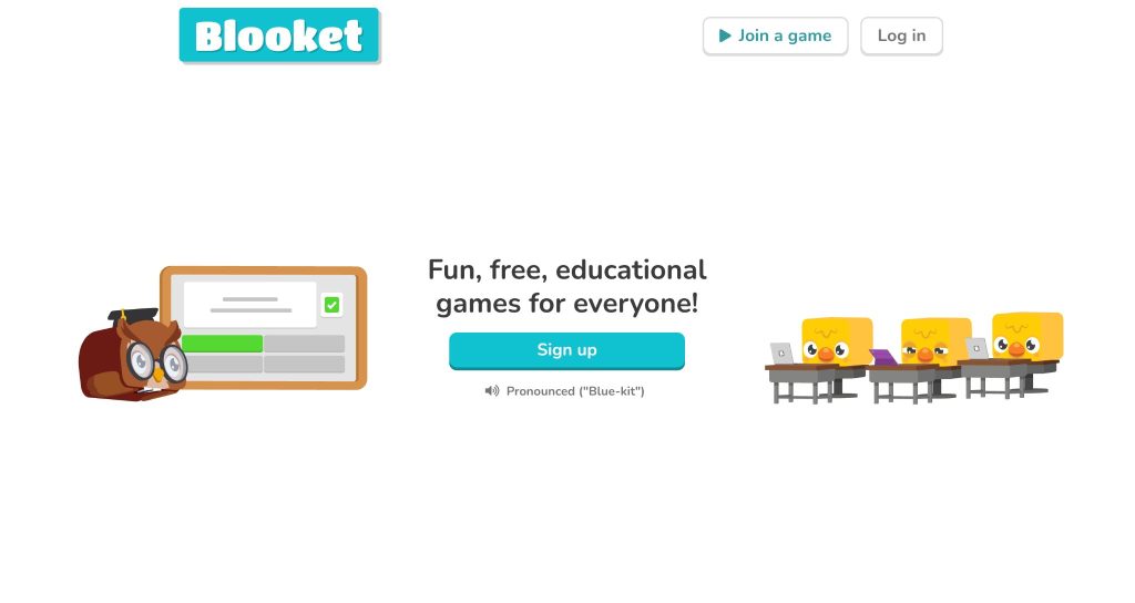Blooket homepage featuring educational games, student characters, and join game options.