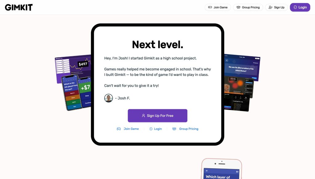 Gimkit homepage showing interactive classroom games, mobile screens, and sign-up options.