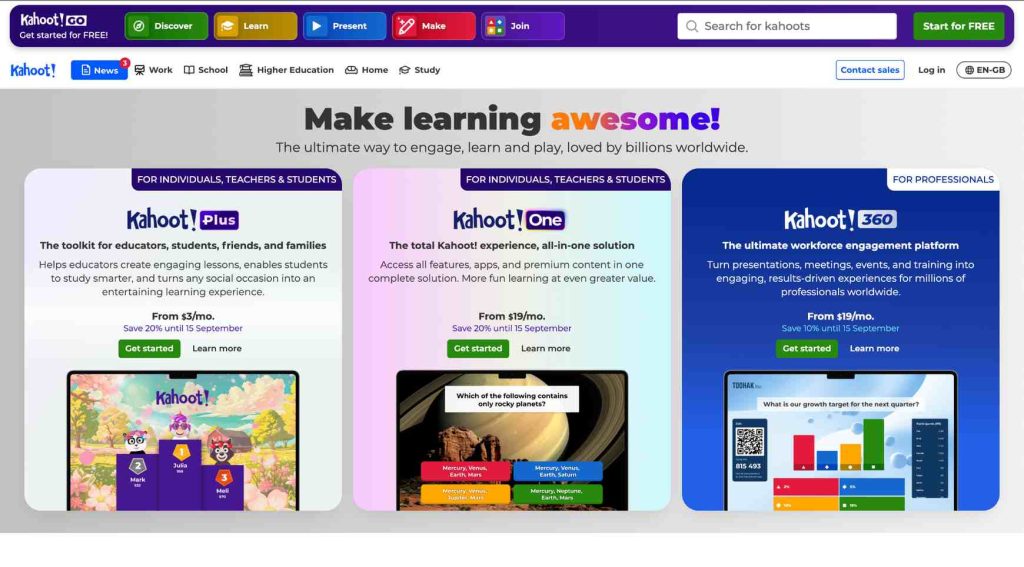 Kahoot homepage displaying learning plans, quizzes, games, and engagement tools for users.