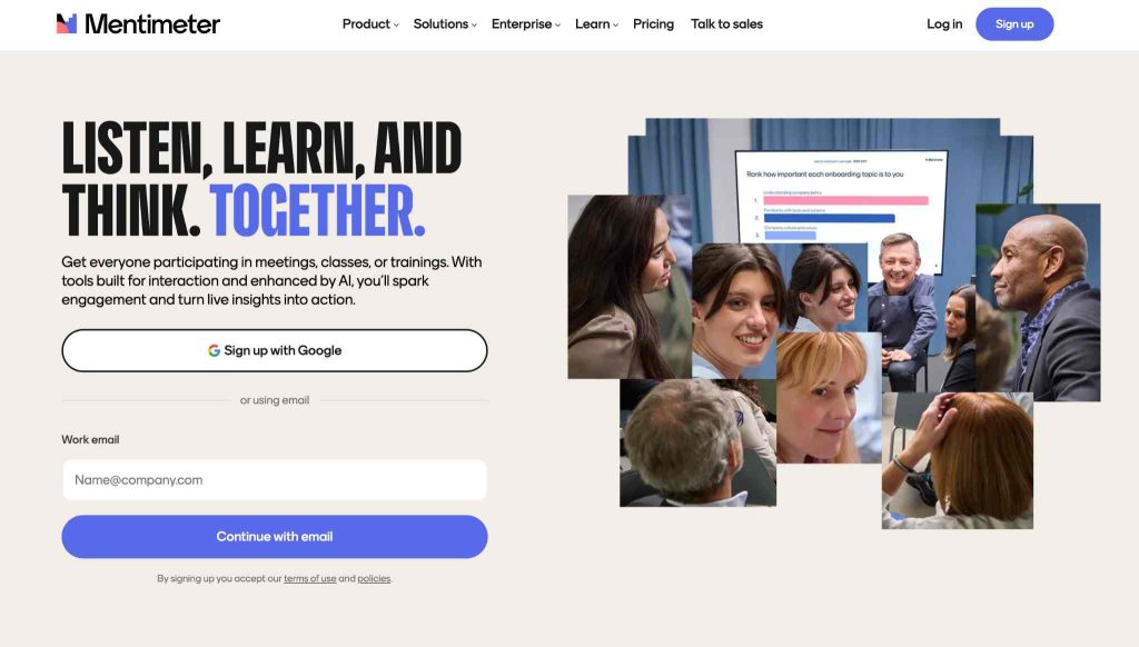 Mentimeter homepage promoting interactive meetings, live participation, and audience insights.