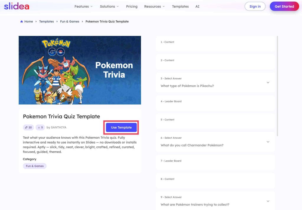 Pokémon Trivia Quiz Template page with 20 slides and a Use Template button.