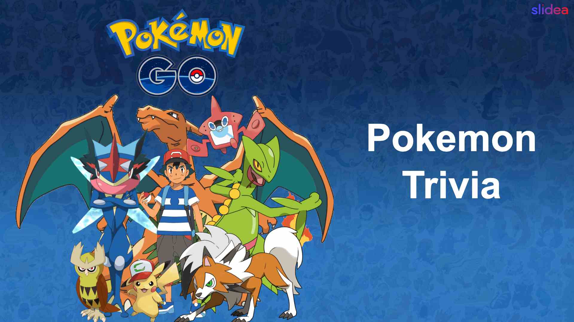 Slidea Pokémon trivia quiz cover featuring Ash, Pikachu, Charizard, Greninja, Sceptile, and Lycanroc.