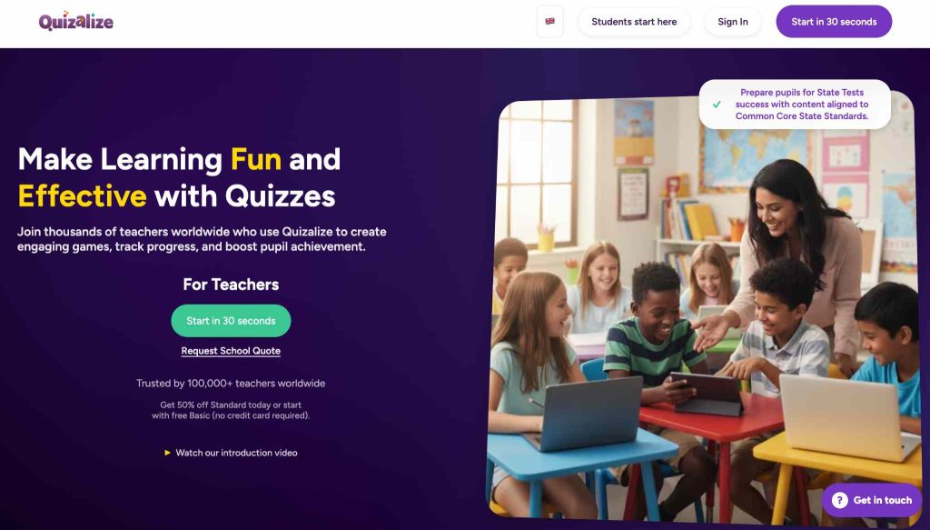 Quizalize homepage showing classroom quiz tools, teacher features, and student learning activities.