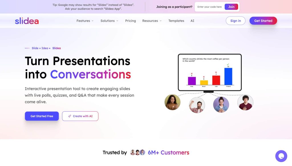 Slidea homepage showing interactive presentations with live quizzes, polls, and audience responses.