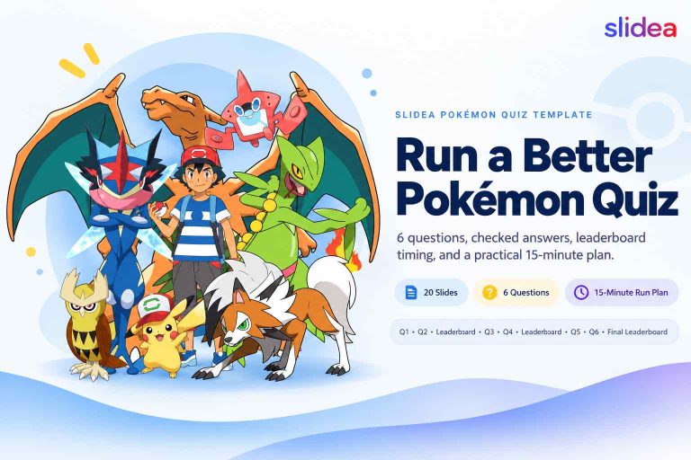 Slidea Pokémon quiz template with 6 questions, checked answers, leaderboard, and 15-minute game plan.