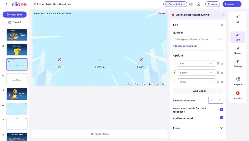 Slidea editor showing the Pikachu question, three answer options, a 15-second timer, and leaderboard settings.