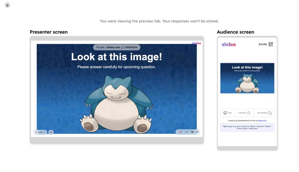 Presenter and audience Preview of the Snorlax question in Slidea.