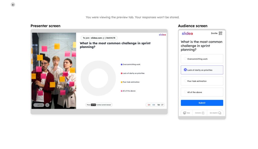 Slidea preview screen showing presenter and audience views for a live sprint planning multiple-choice question