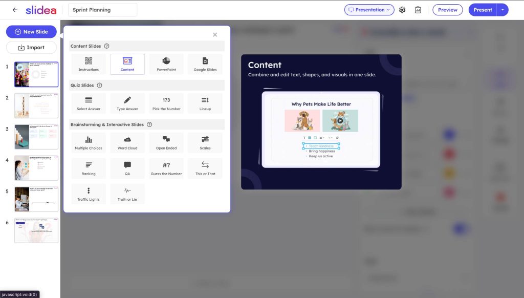 Slidea Sprint Planning template editor showing the Content slide option selected to add a new content slide