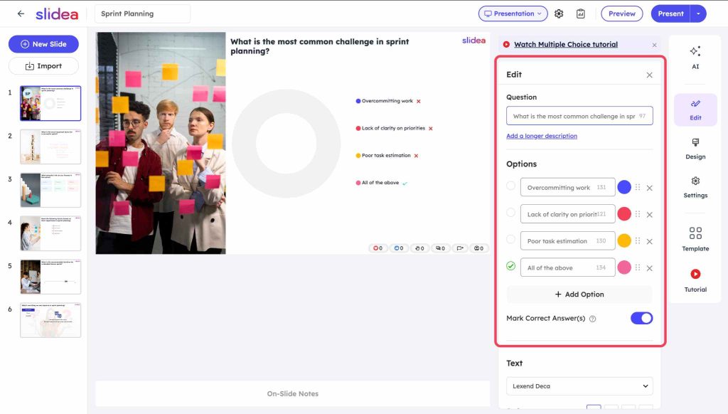 Slidea Sprint Planning editor showing editable multiple-choice questions, answer options, and correct answer settings