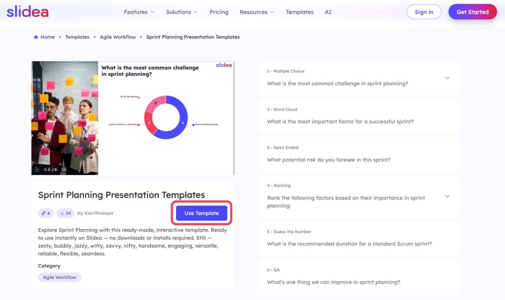 Slidea Sprint Planning template page highlighting the Use Template button to open and start the interactive presentation