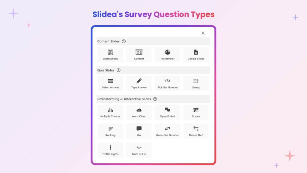 Slidea survey question menu showing multiple choice, word cloud, ranking, scales, and quizzes.