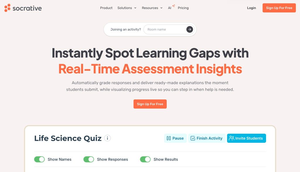 Socrative homepage highlighting real-time assessments, student responses, and learning insights.
