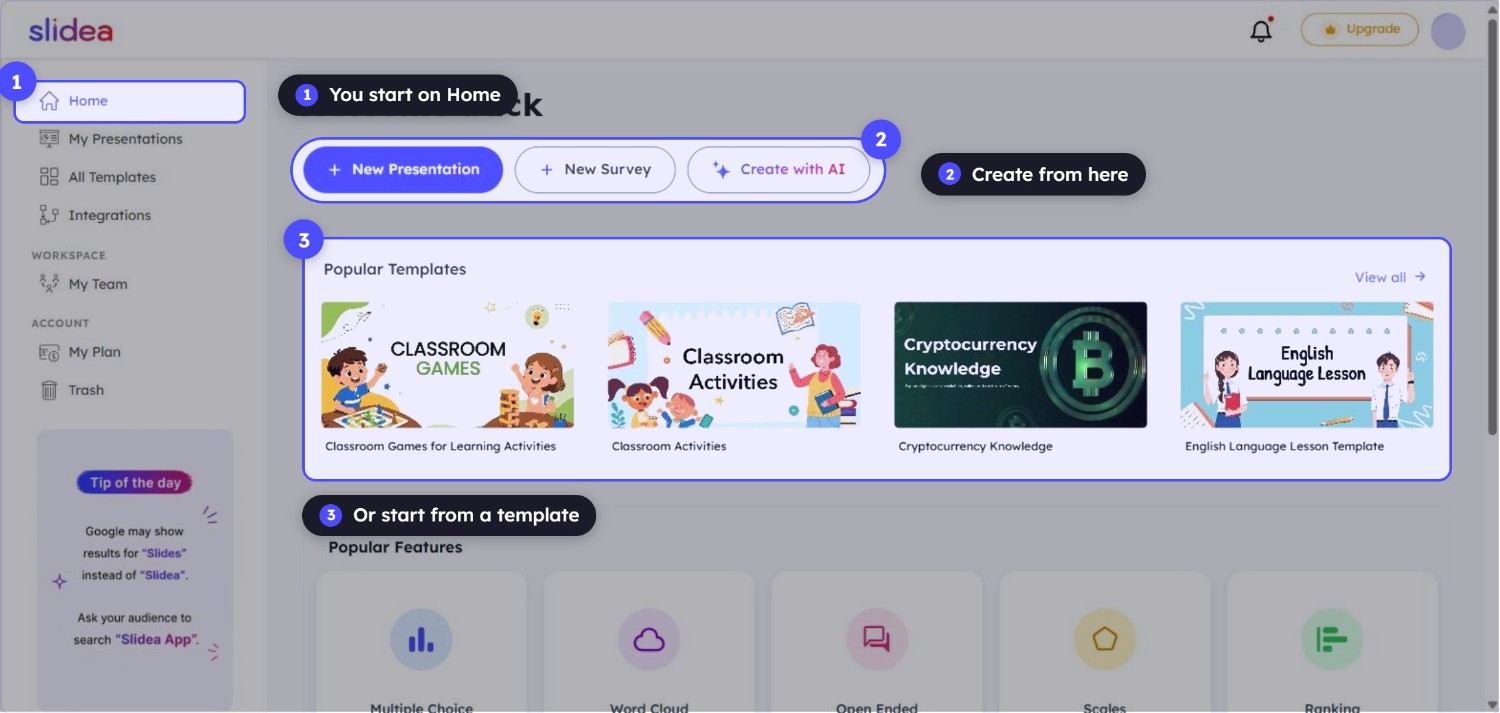 The Slidea Home dashboard right after signing in, with New Presentation, New Survey, and Create with AI, plus Recent Presentations below