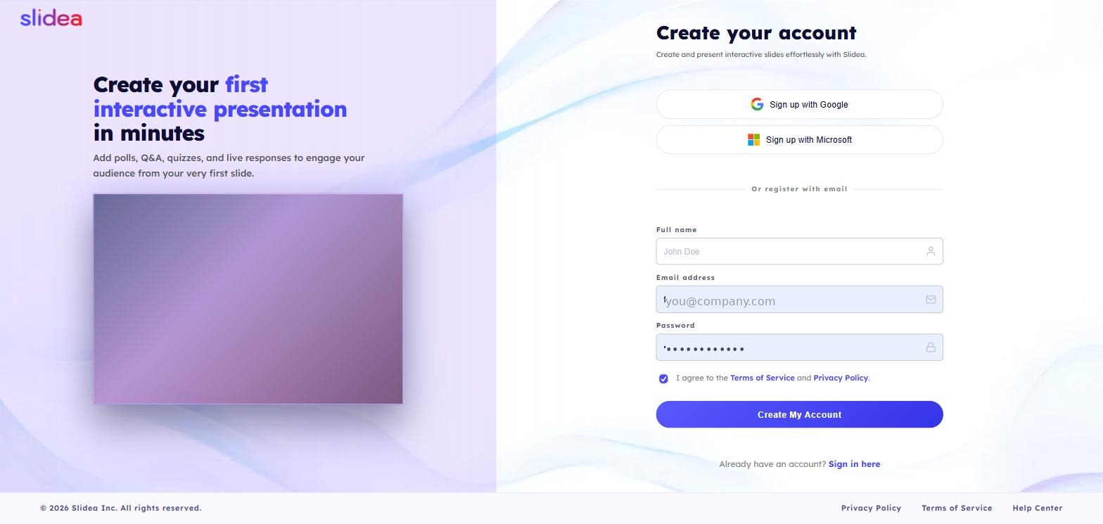 The Create your account screen, with Sign up with Google, Sign up with Microsoft, and full name, email, and password fields, plus a Create My Account button